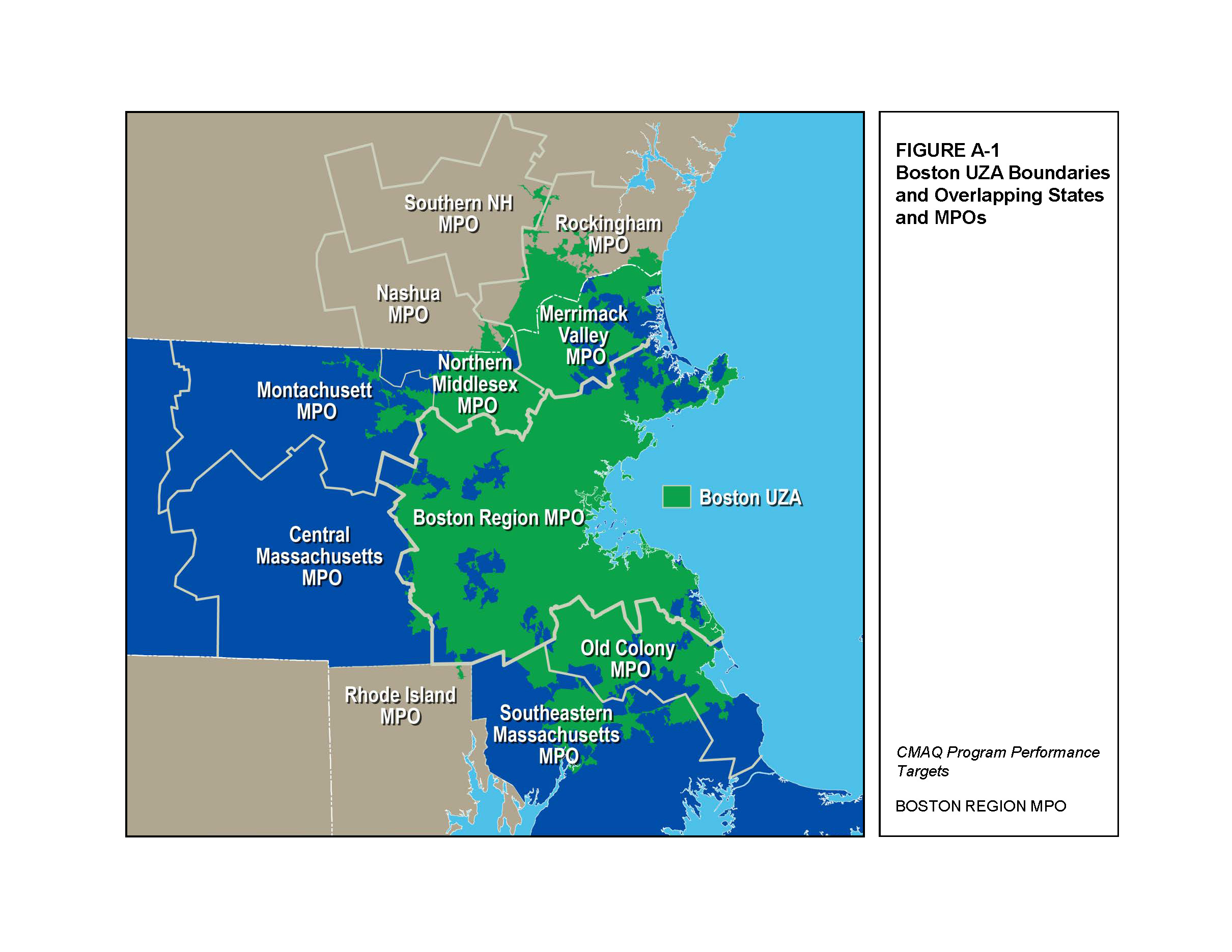 Figure A-1
Boston UZA Boundaries and Overlapping States and MPOs
This figure shows the boundaries of the Boston UZA and the states and MPOs that overlap the UZA.
